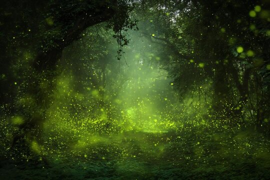 Enchanting Forest Path with Glowing Fireflies at Dusk