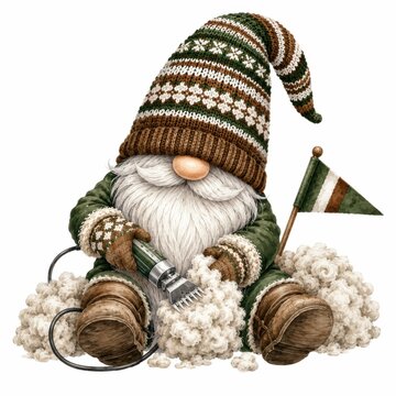 A cute gnome in a patterned hat and mittens shears fluffy wool, sitting with a tricolor flag beside him.