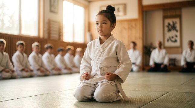 Martial arts class featuring young students in white uniforms showing respect and physical development.