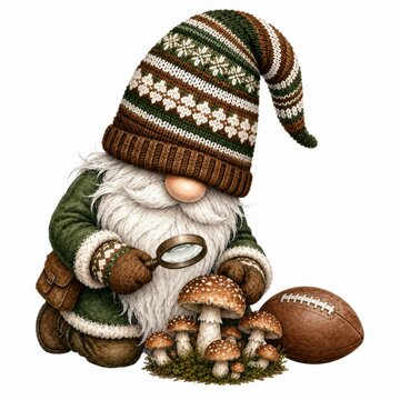 A gnome in a knitted hat examines mushrooms closely with a magnifying glass beside a football on a white background.