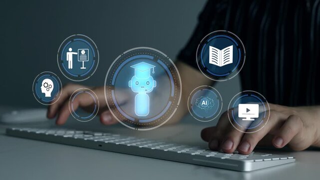Artificial intelligence education concept featuring AI teacher, smart learning platform, personalized lessons, virtual tutoring, digital classroom, online courses, knowledge sharing, and innovative ed