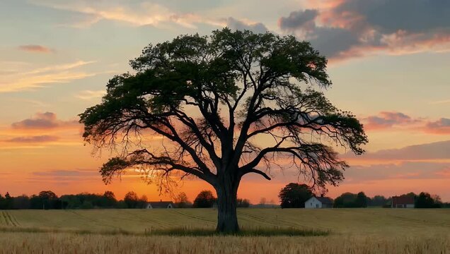 beautiful ultra-sharp 4K stock video captures a lonely majestic oak tree standing prominently in an open field against a backdrop of a spectacularly colored sunset creating a serene and stunning