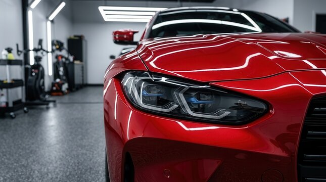 Detailed close-up of clear vinyl film being installed on a shiny red vehicle hood.