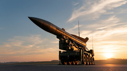Obraz premium An atmospheric cinematic wide shot of a 'Flamingo' (FP-5) cruise missile standing ready. Back view of a missile on a mobile launch vehicle parked at an outdoor tarmac under a crisp