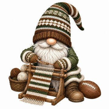 A cozy gnome wearing a patterned hat and mittens knits a striped scarf, surrounded by yarn balls and a football.