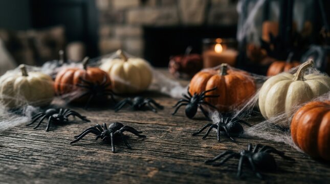 Halloween setup with spooky spiders, small pumpkins, and white cobwebs on rustic wood.