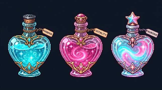Magical heart shaped potion bottles displaying vibrant glowing liquids with detailed golden ornaments and tiny text labels for fantasy games