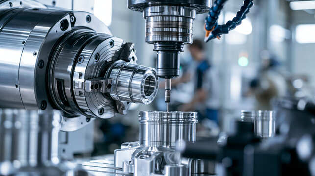 Premium commercial stock photography of precision CNC machine shaping metal engine components inside bright manufacturing facility, aerospace engineering concept, ultra-realistic,