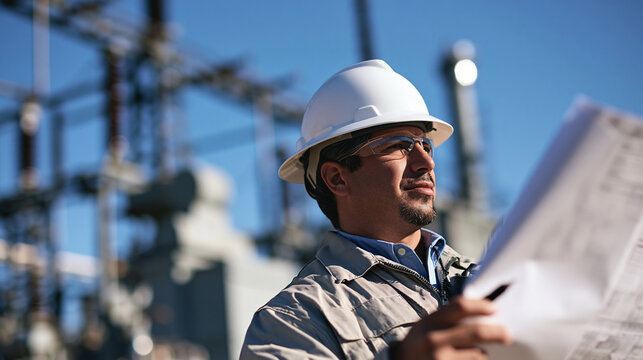 Premium commercial stock photography of engineer in hard hat reviewing blueprints at outdoor testing range, bright daylight, defense industry concept, professional focus, ultra-rea