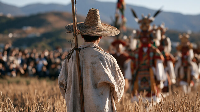 A birdscarer in a winter wheat field pauses mid-work as a festive village procession in elaborate cultural costume passes along the lane beside him, the candid crowd scene