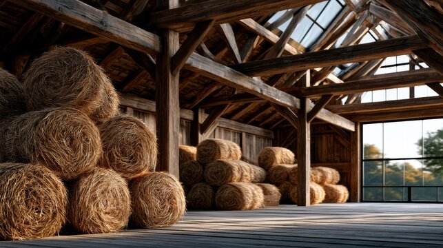 Neatly stacked hay bales inside a rustic barn with timber beams and countryside views, ideal for rural lifestyle concepts.