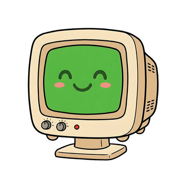 Cute cartoon style vintage computer monitor with happy face on green screen computer technology illustration character electronics nostalgia hardware peripheral personal graphics friendly