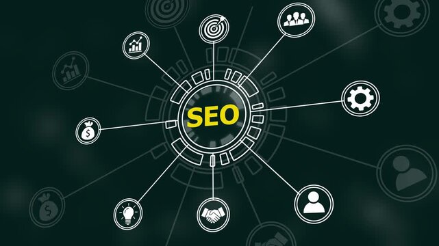Dynamic seo strategy infographic animation featuring digital marketing search engine optimization network connections, business growth concepts, and modern data analytics visualization
