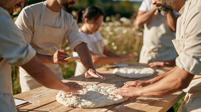 Diverse outdoor team of pastry chefs hand-rolling heritage dough recipe on a rustic wooden table surrounded by wildflower meadow, one member dictating notes while another