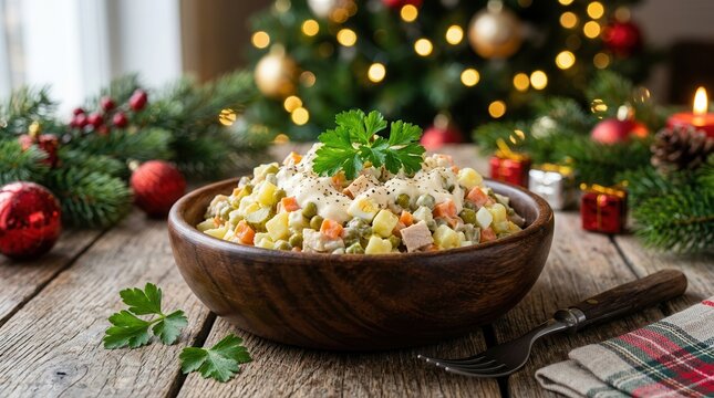 Cooked vegetables mixed with mayonnaise in a traditional Russian salad served in a bowl.