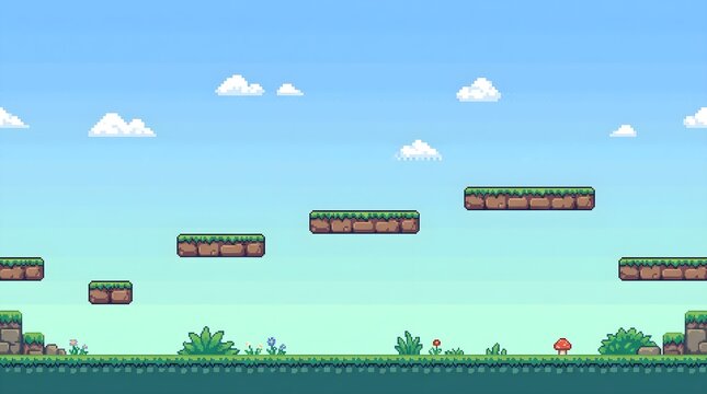 Pixel art platformer game background featuring grassy blocks floating in blue sky with soft white clouds and small wild flowers