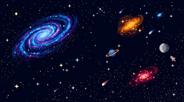 Vibrant pixel art galaxy showcasing swirling colorful nebulae and glowing stars with a small rocket traveling through deep dark space