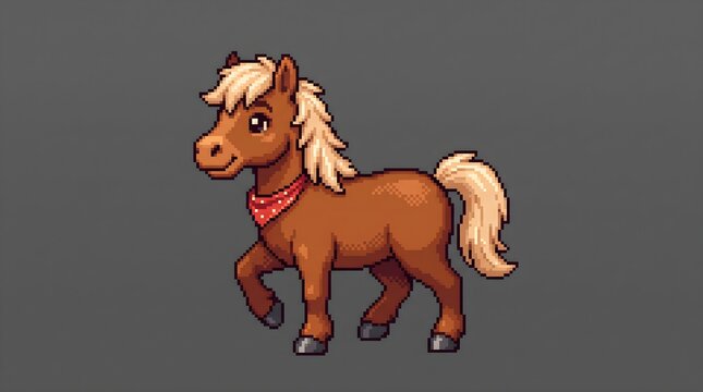 Brown pixel art pony wearing a cute red bandana standing on a solid dark gray background in classic retro style