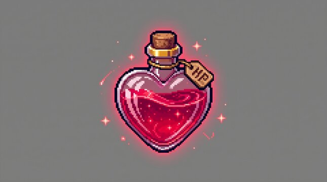 Glowing heart shaped potion bottle filled with vibrant magical red liquid and sparkling stars crafted in detailed pixel art style