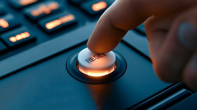 Finger pressing reset button on illuminated keyboard