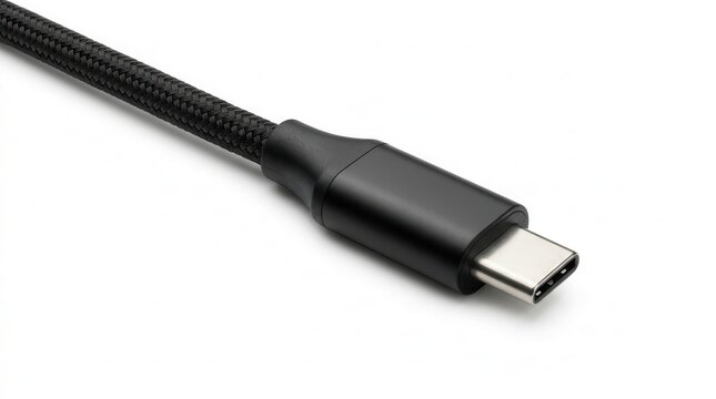 Close-up of a modern USB-C connector and cable isolated on white.