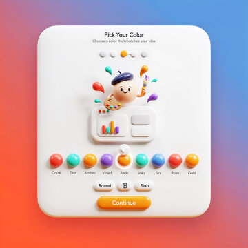 Cute artist character floating above a 3d color picker interface modal on a vibrant gradient background