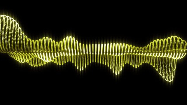 Glowing golden audio spectrum equalizer with oscillating waves and vertical bars on solid black background, elegant music visualizer for concert installations