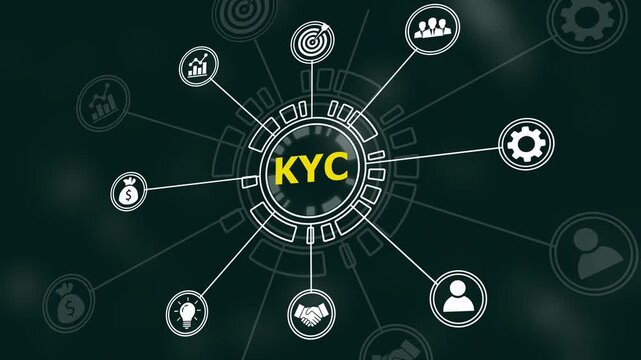 Digital kyc know your customer identity verification concept featuring animated hud interface cyber security network connections, financial compliance data and modern corporate tech background
