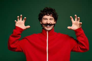 Naklejka premium Young man with a playful spirit showing off his moustache in a vibrant green backdrop