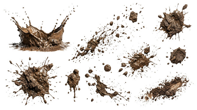 Collection of various realistic brown mud splashes and dirt splatter elements isolated on transparent background