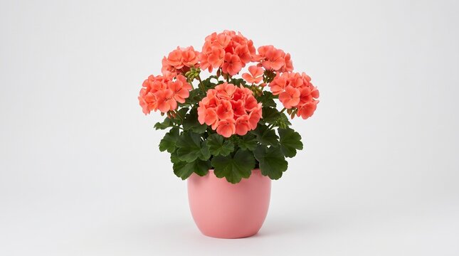 Coral flowering plant in matching pink pot on white background
