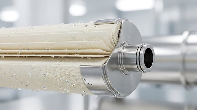 Industrial filter element for desalinization process with water droplets on a pleat surface in a manufacturing plant