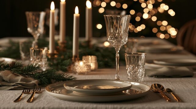 Festive holiday table setting with candles and elegant dinnerware, luxury Christmas celebration, seasonal gathering, Christmas.
