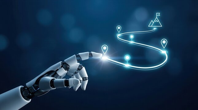 A futuristic technology roadmap concept featuring a robotic hand managing a strategic planning path.