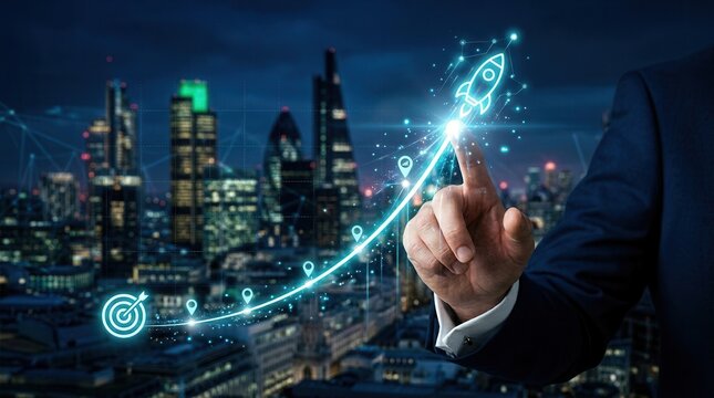 Concept of business growth and innovation strategy featuring a digital graph and rocket icon.