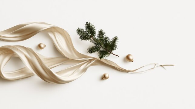 Curled golden ribbon with evergreen branches on clean white background, festive flat lay, elegant decoration, seasonal design, Christmas, New Year.