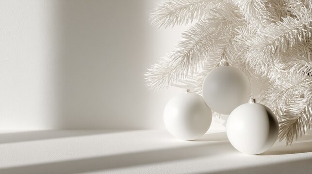 Three white Christmas ornaments on snowy surface with evergreen branch, clean festive composition, seasonal elegance, Christmas, New Year.