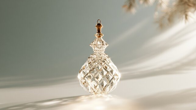 Golden Christmas ornament hanging above snowy surface with soft evergreen detail, elegant seasonal decoration, festive minimalism, Christmas, New Year.
