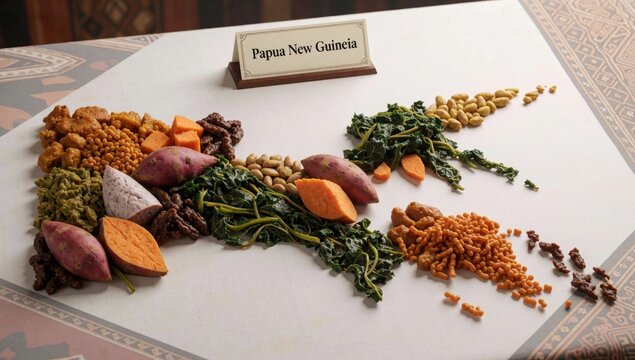 Table white tablecloth colorful runner there nameplate reads papua new guinea left side various types food arr