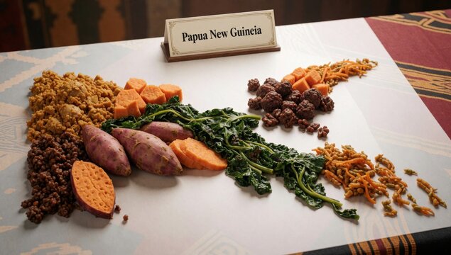 Table colorful tablecloth nameplate reads papua new guinea there various types food arranged aesthetically ple