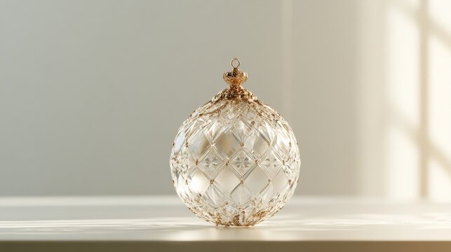 Golden Christmas ornament hanging above snowy surface with soft evergreen detail, elegant seasonal decoration, festive minimalism, Christmas, New Year.