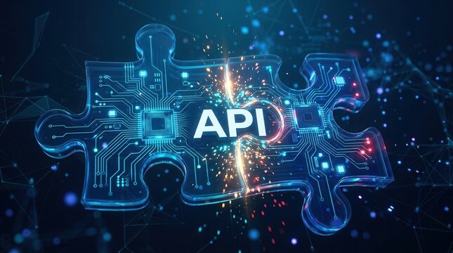 Interoperability and connectivity symbolized by interlocking puzzle pieces with API text and tech circuits.