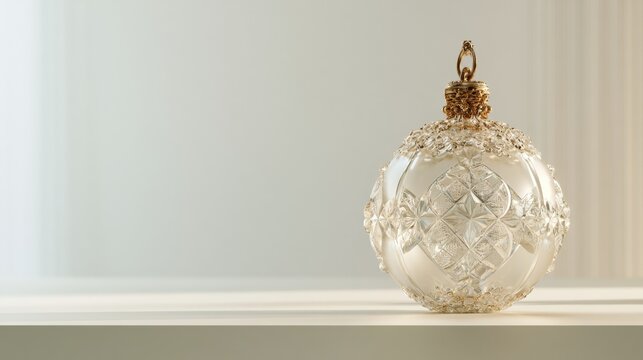 Golden Christmas ornament hanging above snowy surface with soft evergreen detail, elegant seasonal decoration, festive minimalism, Christmas, New Year.
