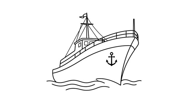 Hand drawn outline illustration of a fishing boat with an anchor.