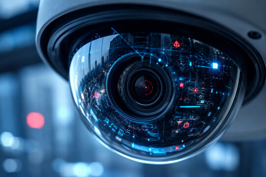 Surveillance camera with digital data overlay reflecting city skyline. Modern security system for public safety monitoring. Innovative technology for smart city and crime prevention.
