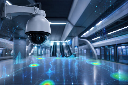 Security camera with digital data overlay in modern subway station. Surveillance system monitoring passenger movement with heat map analytics. Intelligent public safety technology concept.