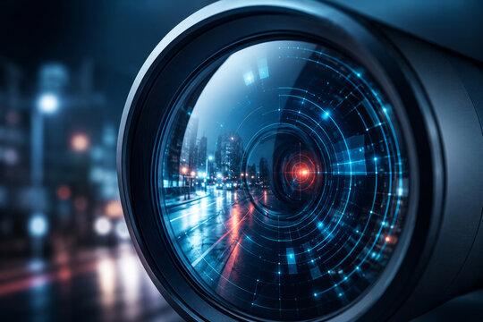 Security camera lens focusing on city street at night. Surveillance system with digital targeting interface. Advanced monitoring technology for urban protection, crime prevention and control.