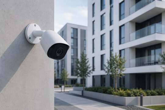 Security camera mounted on building wall. Surveillance system for property protection and crime prevention. Modern house monitoring technology for residential area safety and control.