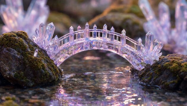 Small decorative stone bridge in a peaceful garden with purple crystal accents