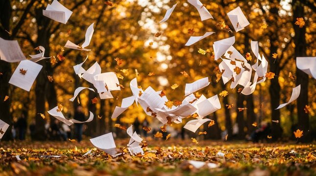 Autumn leaves and papers blowing in the wind in a park setting